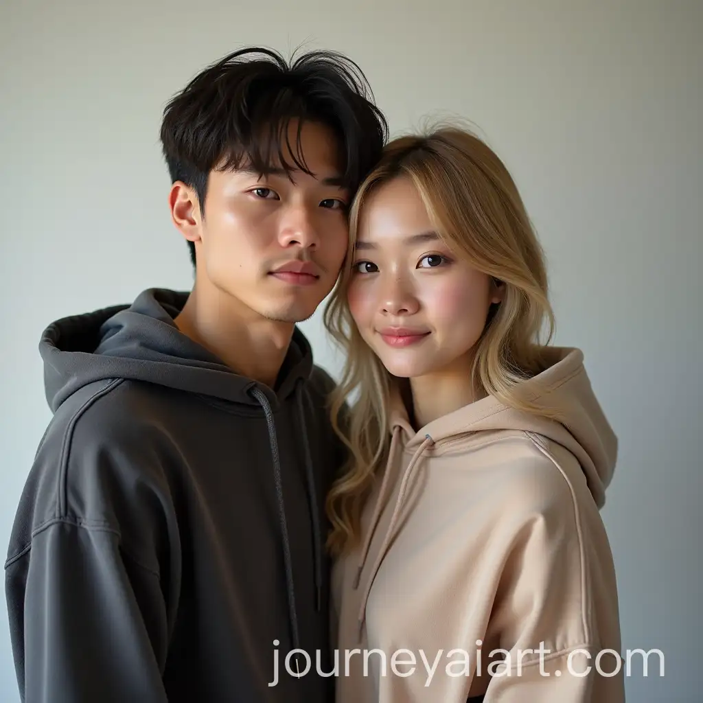 Young-Asian-Couple-Flirting-in-Casual-Outfits-with-Playful-Expressions