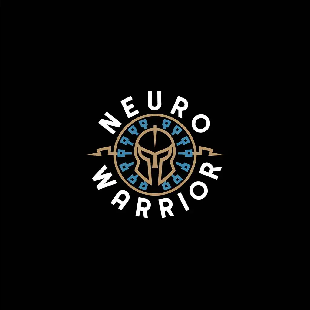 LOGO Design for Neuro Warrior Stylized Warrior Helmet Emblem in Gold and Blue on Black Background