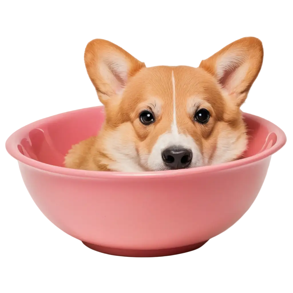 Tanned-Colored-Corgi-Eating-from-Pink-Bowl-PNG-Image