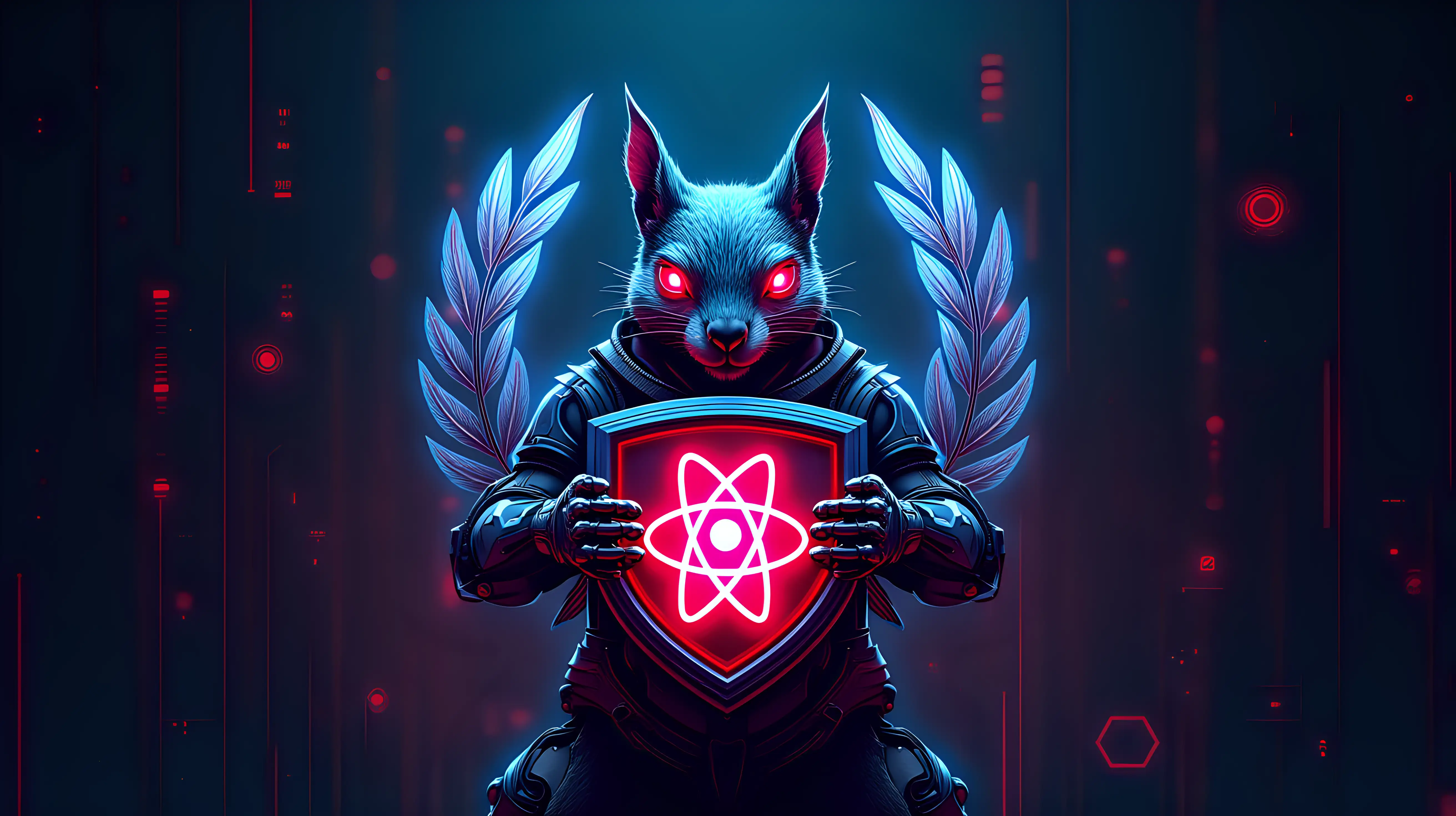 A futuristic digital emblem featuring a fierce, cybernetic squirrel with sharp metallic features, sleek armored plating, glowing red robotic eyes, and an intense, menacing expression, gripping a high-tech shield with a glowing atomic symbol, surrounded by vibrant neon laurel leaves, with a large, prominent atom structure behind it, glowing electron orbits and particles, integrated circuitry and tech details in the background, dark sci-fi atmosphere, vivid blue and red neon color palette, highly detailed, digital illustration