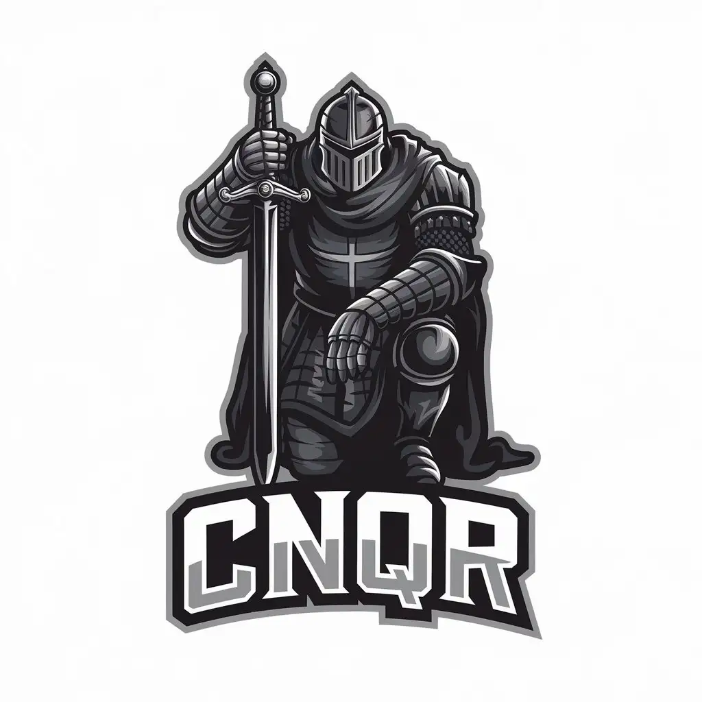 LOGO Design for CNQR Knight Crusader Kneeling with Longsword in Dark Armor for Religious Industry