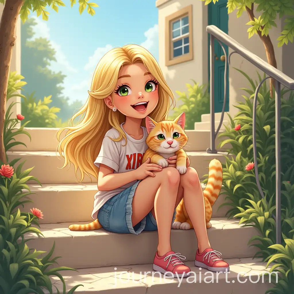 Happy-Blonde-Girl-with-Cat-Sitting-on-Sunny-Stairs