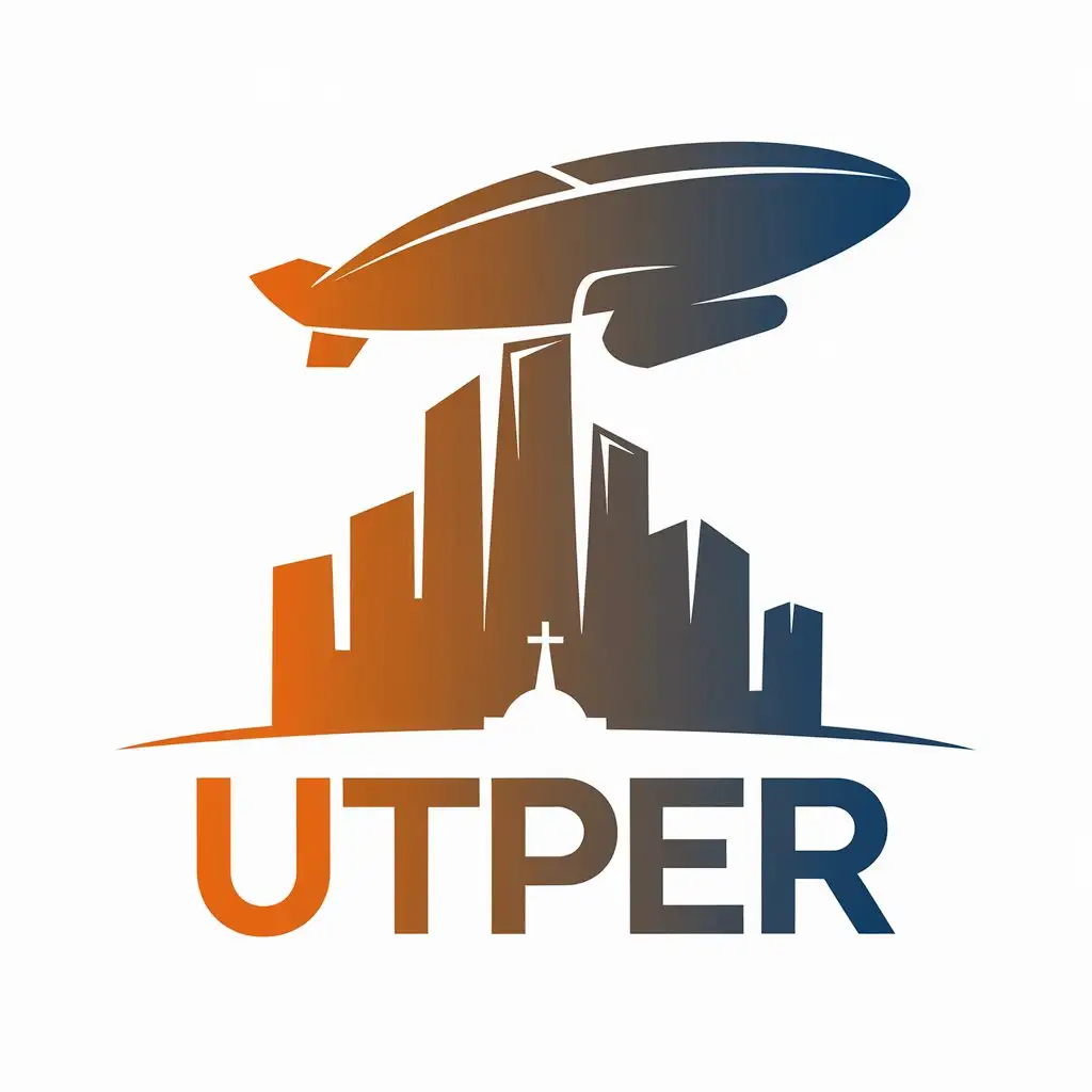 a vector logo design,with the text "UTPER", main symbol:Sky City, Giant Airship, Sense of Technology，with a main tone of orange or blue,Minimalistic,be used in Religious industry,clear background