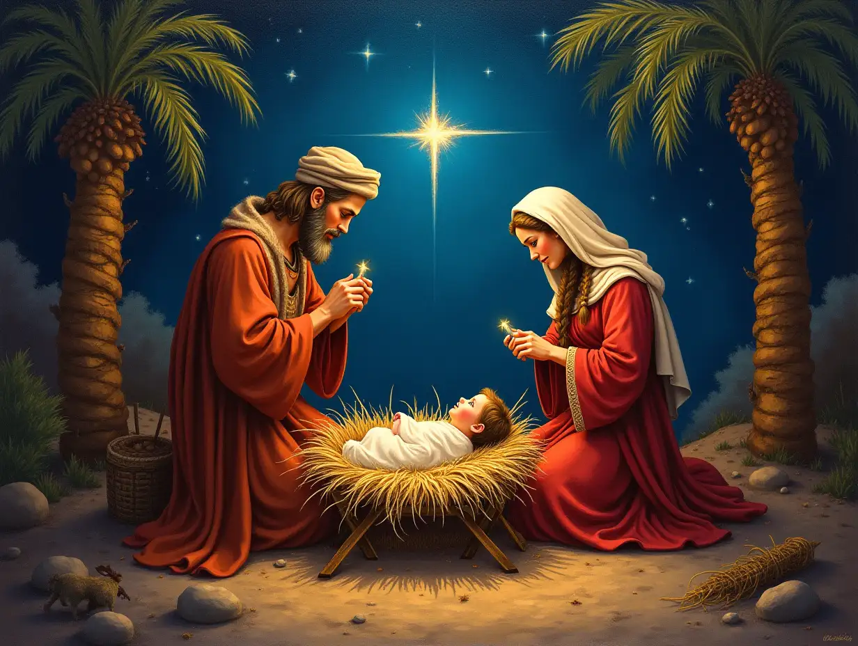 Boho style painting representing Nativity scene in Bethlehem. Christmas scene illustration showing holy family baby Jesus in the manger Joseph and Mary. Highly detailed, artistic, eye-catching, very attractive, 128k uhd