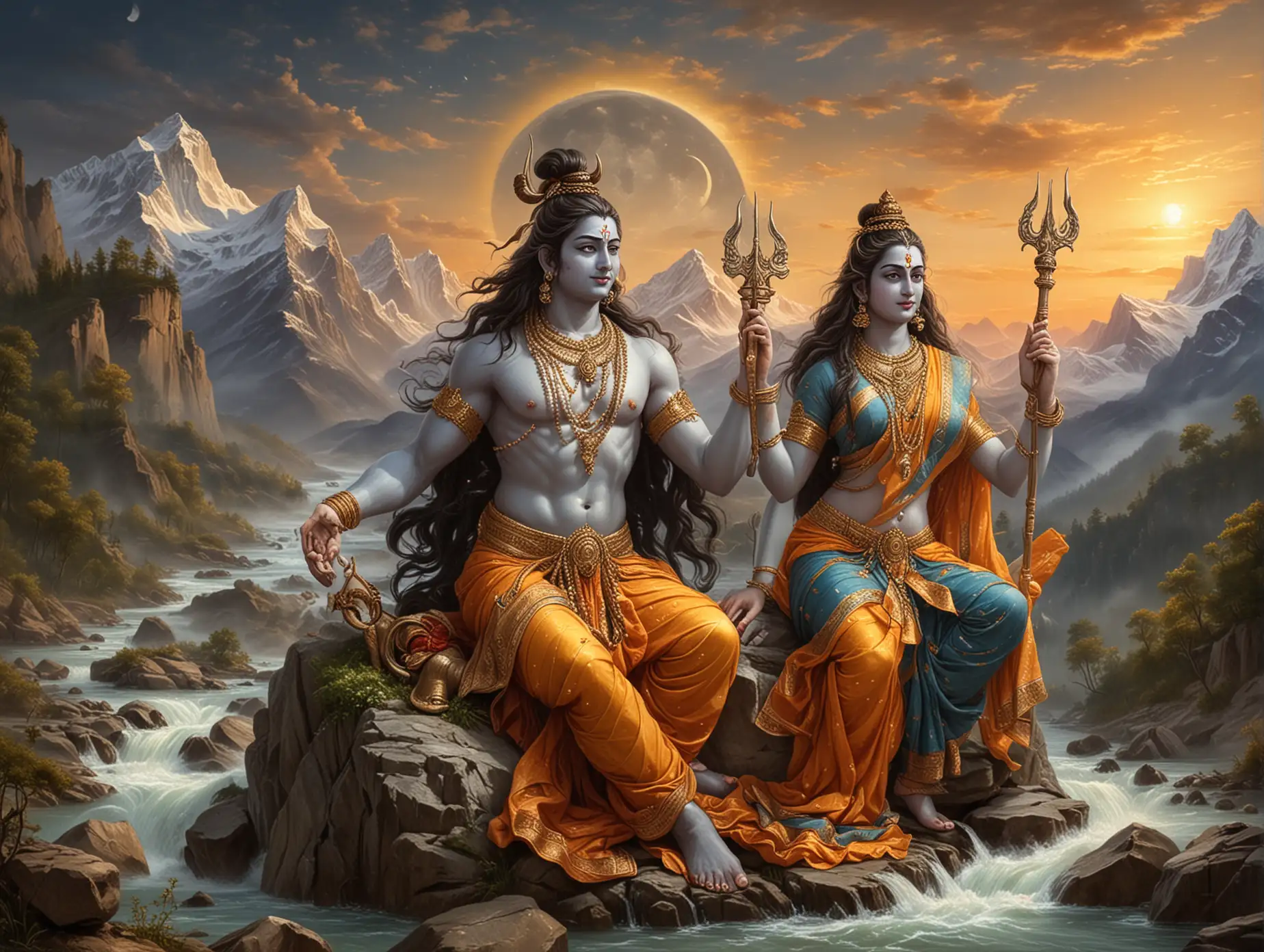 A divine depiction of Lord Shiva and Goddess Parvati, seated together on a majestic mountain peak. Shiva, with his matted hair adorned with a crescent moon and the holy river Ganga flowing from his locks, holds a trident in one hand and a damaru in the other. Parvati, with her serene and compassionate expression, is adorned in a beautiful saree with intricate designs, wearing exquisite jewelry. The background showcases the Himalayas with a golden sunset casting a warm glow, and a serene river flowing at the base of the mountains. The atmosphere is filled with divine energy and tranquility.