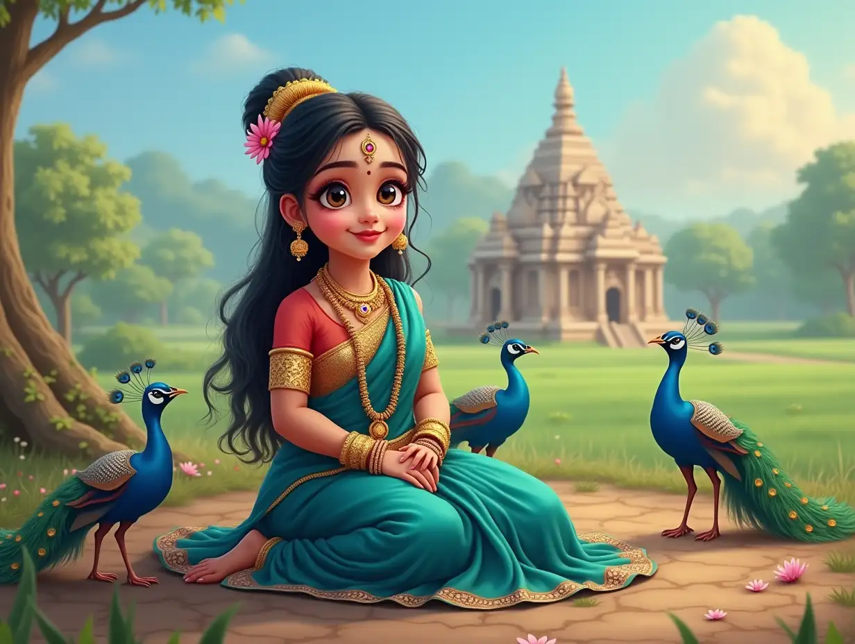 A detailed and enchanting digital painting of Lord Radha as a 12-year-old divine girl. The face should be Indian, with the girl character dressed in traditional Indian attire, sitting on the ground. She has soft, glowing light sky fair white skin, exuding peace and divinity, Her simple black hair is neatly styled with expressive eyes and a warm smile. She has long, dark hair adorned with a small bindi on her forehead, and she is wearing traditional earrings. Lord Radha wears a full peacock blue saree with an upper garment blouse featuring intricate patterns and gold jewelry. she has wearing a garland of flowers around the neck She has gold necklaces (one with a ruby or sapphire), intricately designed armlets, bracelets, and anklets with tiny bells. A golden waist belt secures her saree, and lotus-shaped earrings or gemstone-studded earrings complete her look. Radha's large almond-shaped eyes radiate love, playfulness, and a smile.nnThe background A serene and divine scene featuring four peacocks in a tranquil environment. The setting is peaceful, with lush greenery and a calm atmosphere. The very small peacocks are gracefully positioned, adding to the overall sense of divinity and tranquility. The background includes a beautiful Indian temple with lush green fields and a clear blue sky, enhancing the serene and divine ambiance