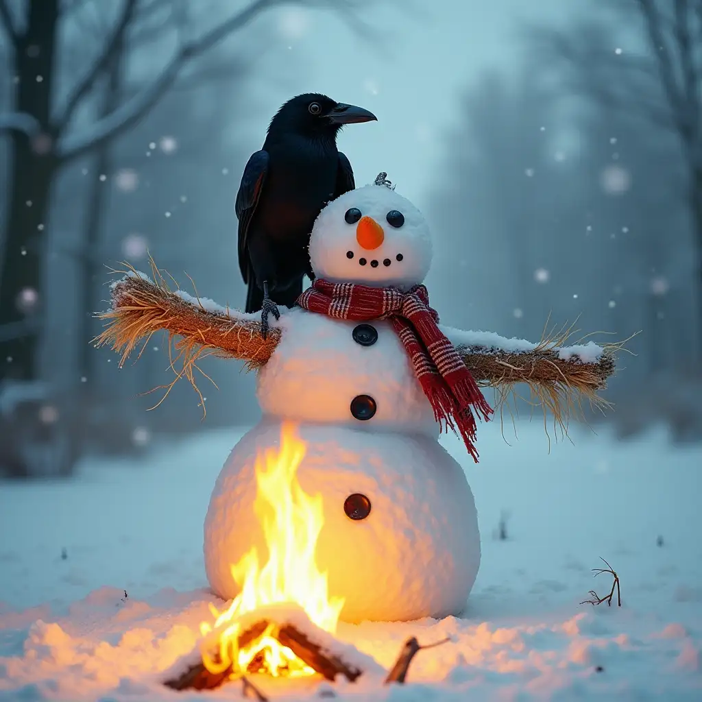 Crow on a surprised fire snowman Scarecrow in a snowy landscape