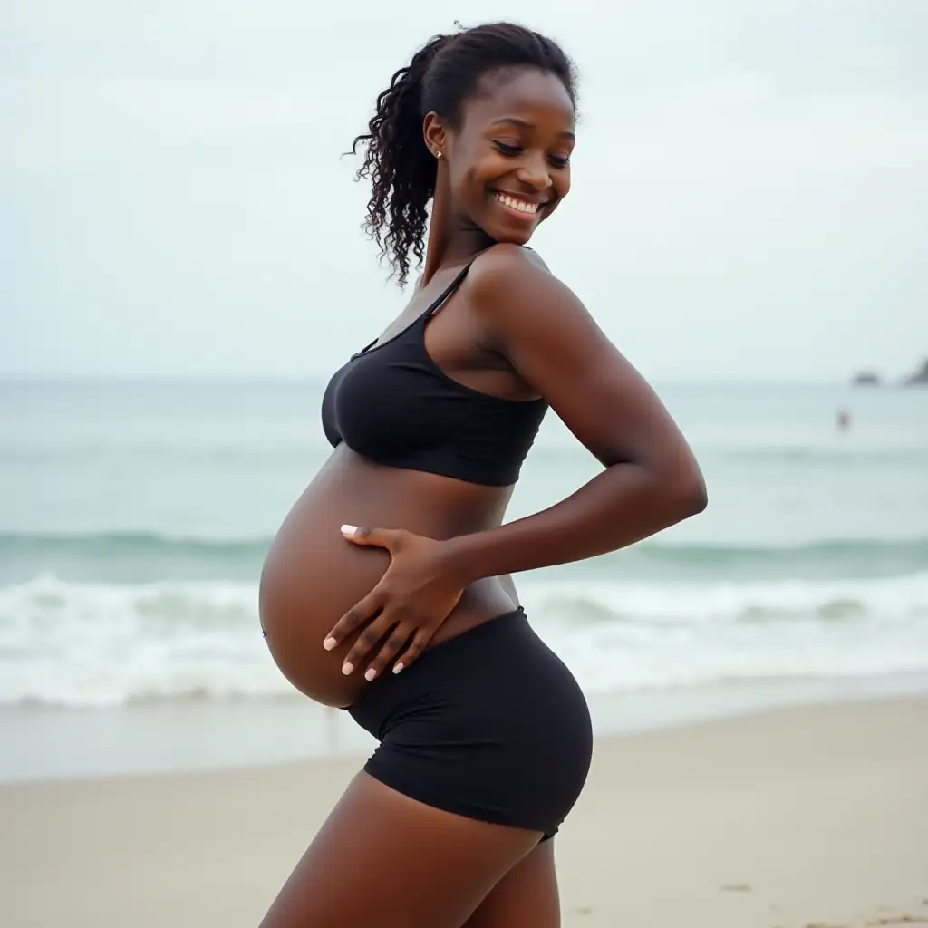 Happy-Young-Ebony-Girl-in-Spandex-Shorts-at-the-Beach-with-a-Bloated-Belly