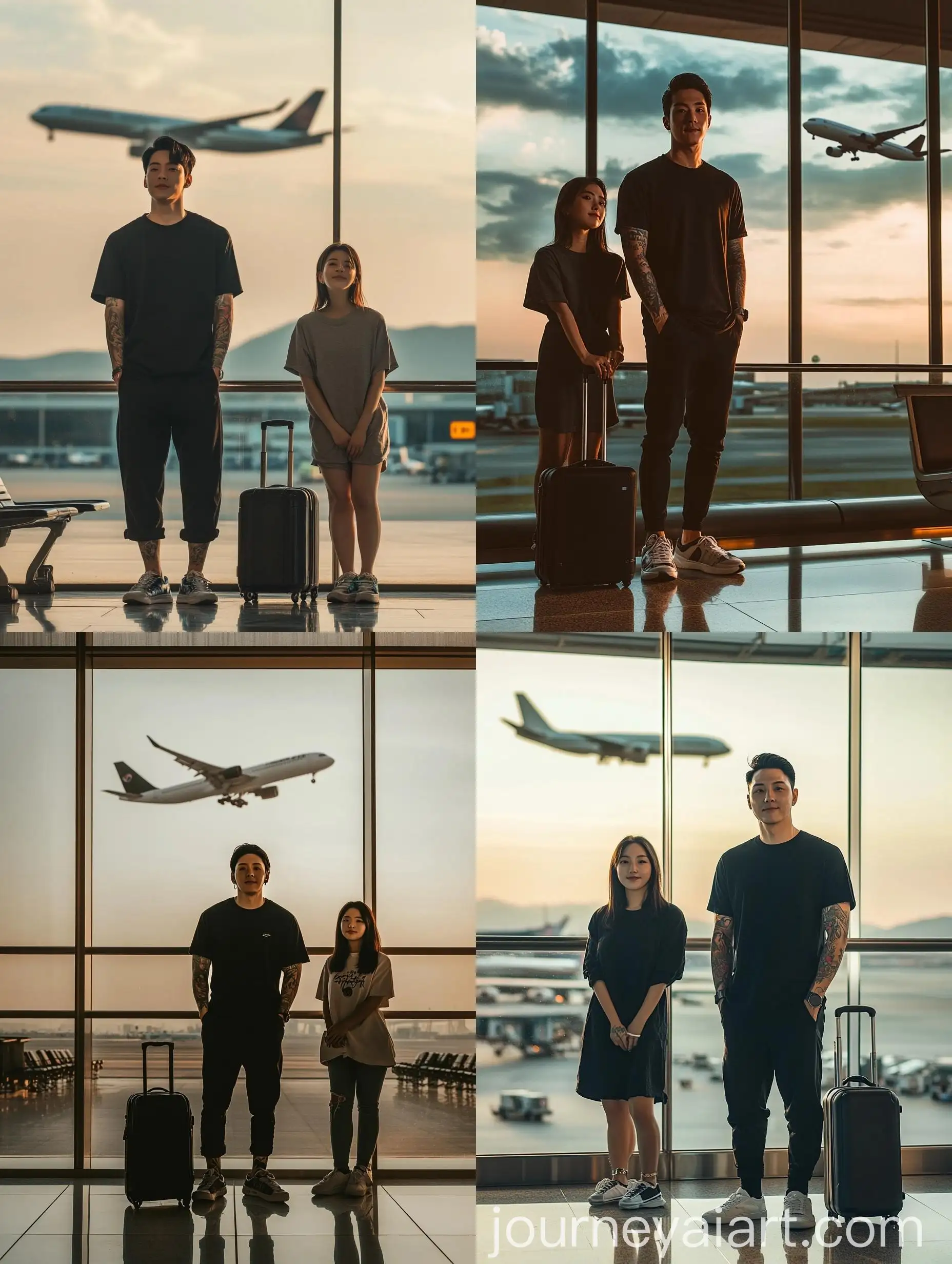 Korean-Couple-in-Airport-Terminal-Watching-Airplane-at-Sunset