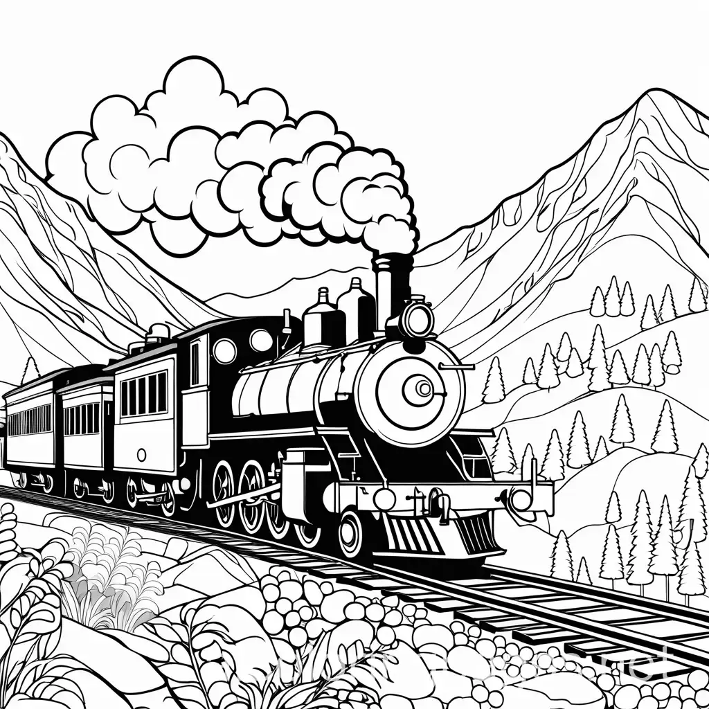 Steam-Engine-on-Rails-in-the-Mountains-Coloring-Page