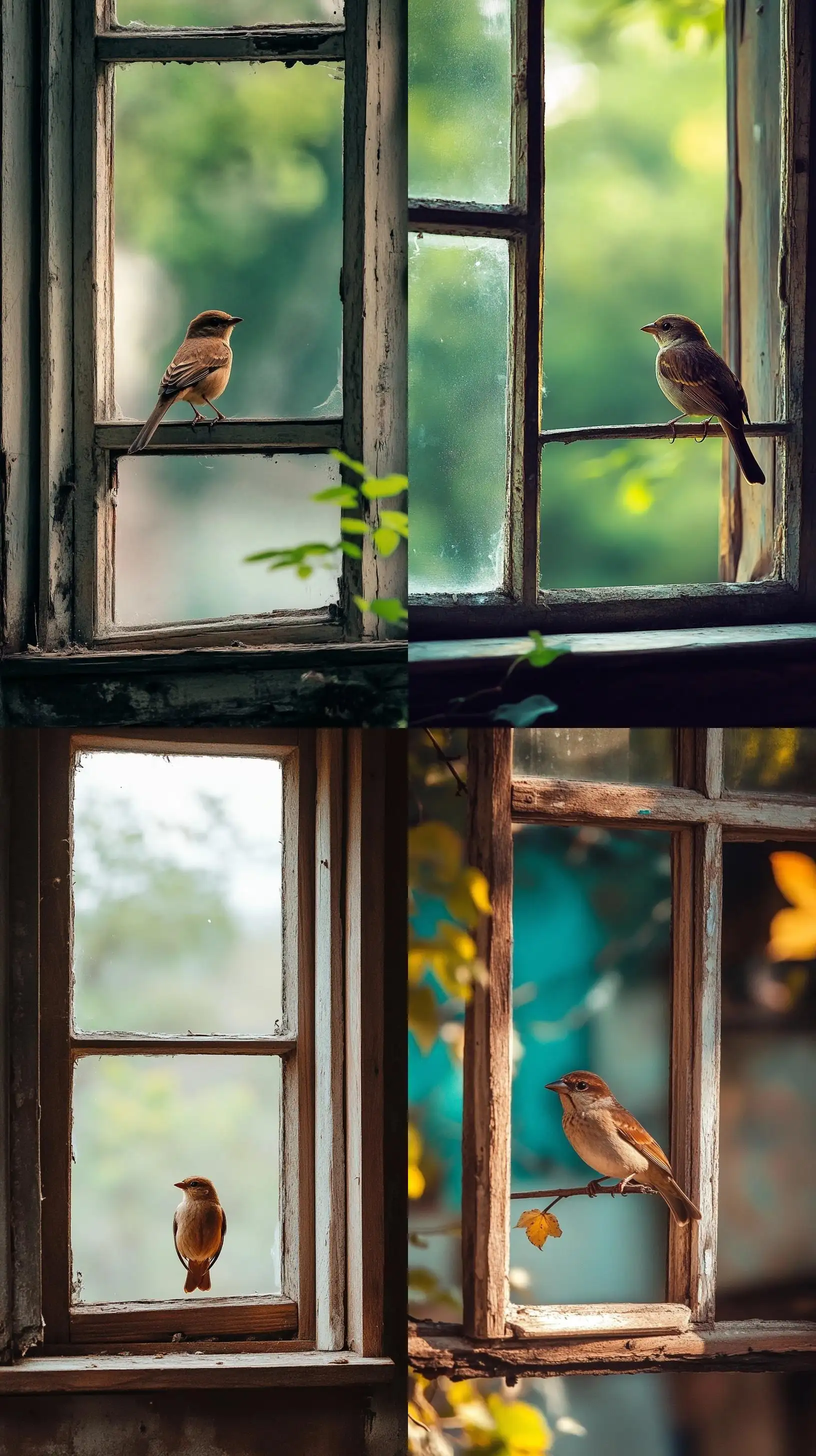 Brown-Bird-Perched-on-Weathered-Wooden-Window-Frame