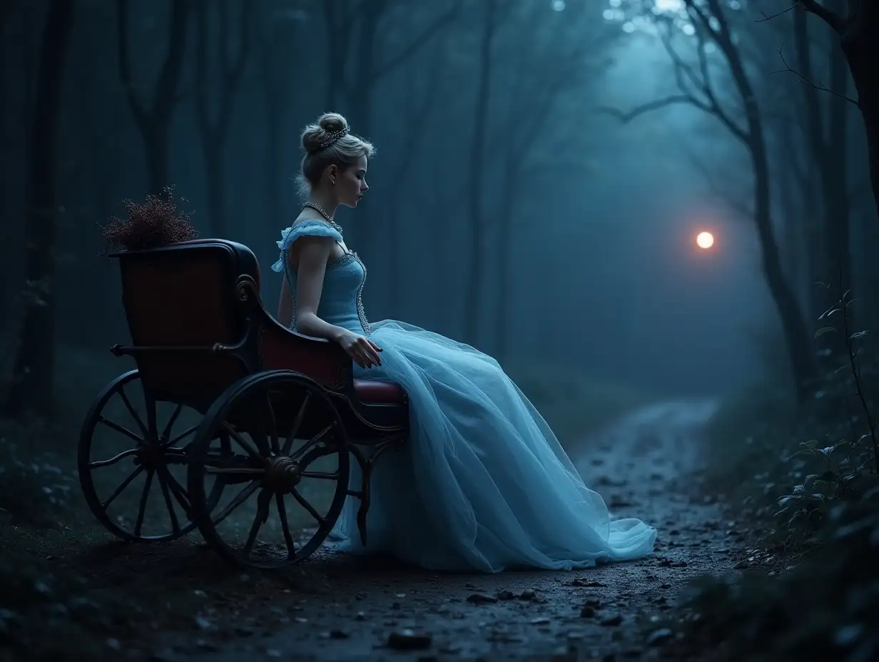 Create for me a photorealistic image of Cinderella in a carriage in 16:9 horror