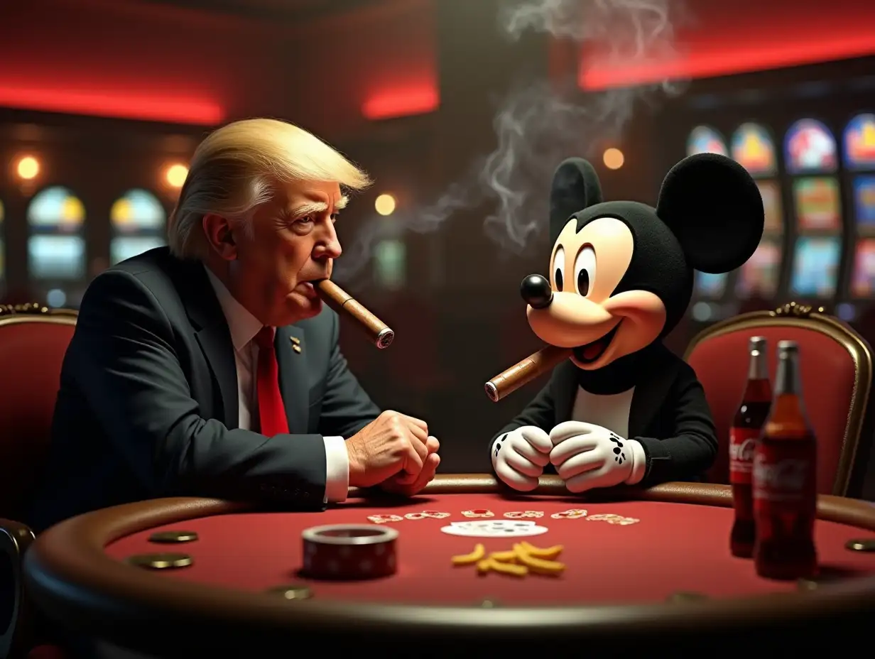 Casino Atmosphere, dampened lighting, in the background there are some slot machines. Donald Trump is playing poker with Mickey Mouse. Both smoke thick cigars, on the poker table stand some whiskey bottles, an ashtray, Coca-Cola and French fries. Photo-realistic, with many details in 4k quality.