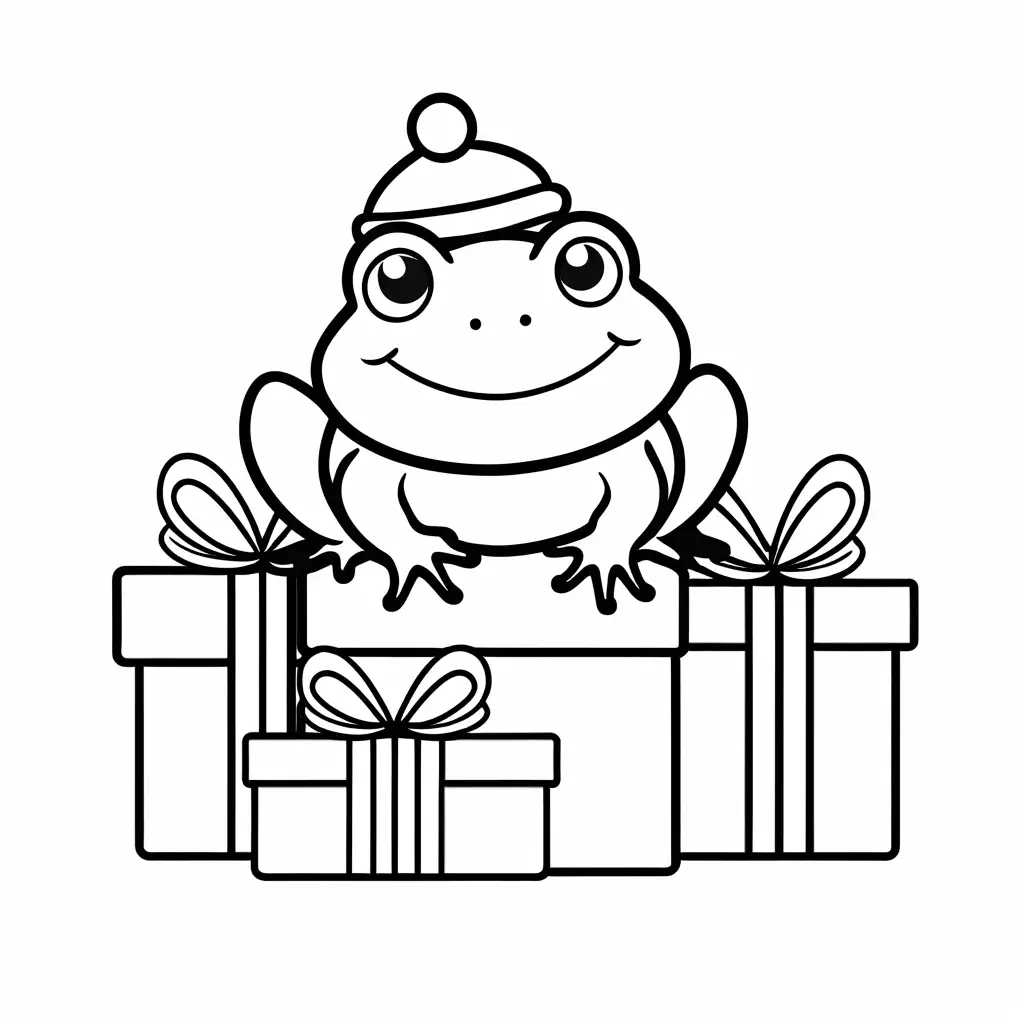 Cheerful-Toad-atop-Christmas-Presents-Coloring-Page-for-Toddlers