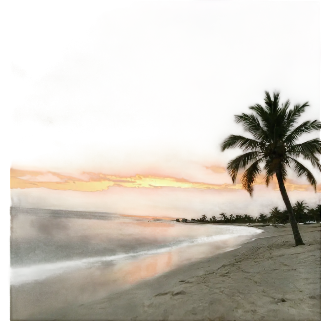 A beautiful image of a silver beach with palm trees and a beautiful sunset while it is raining