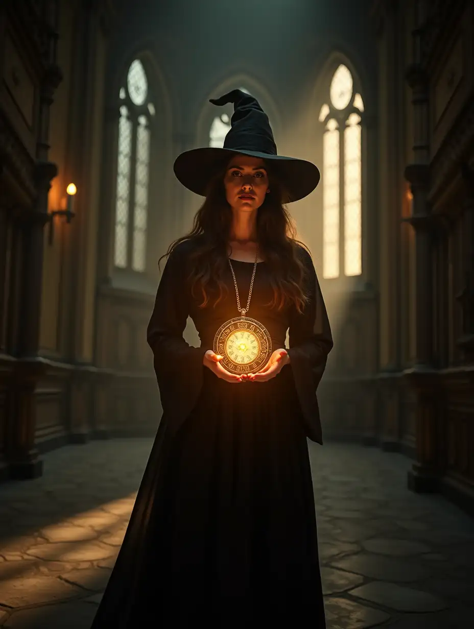 A portrait of a witch standing in a grand gothic hall, holding a glowing time-turner necklace, magical energy surrounding her, soft golden light, dark magical castle background, tall windows, enchanted atmosphere, hd quality, cinematic realism, dynamic shadows, ethereal glow