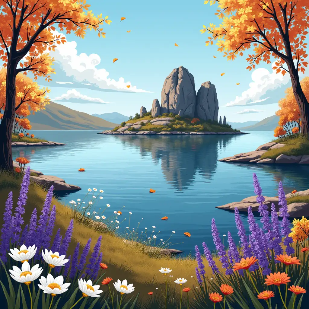 Shaman Rock, Ostrov Olkhon, Lake Baykal, drawn in vector illustration. As a beautiful postcard. Add white, lavender, purple, orange flowers. Beautiful autumn. Love, happiness.