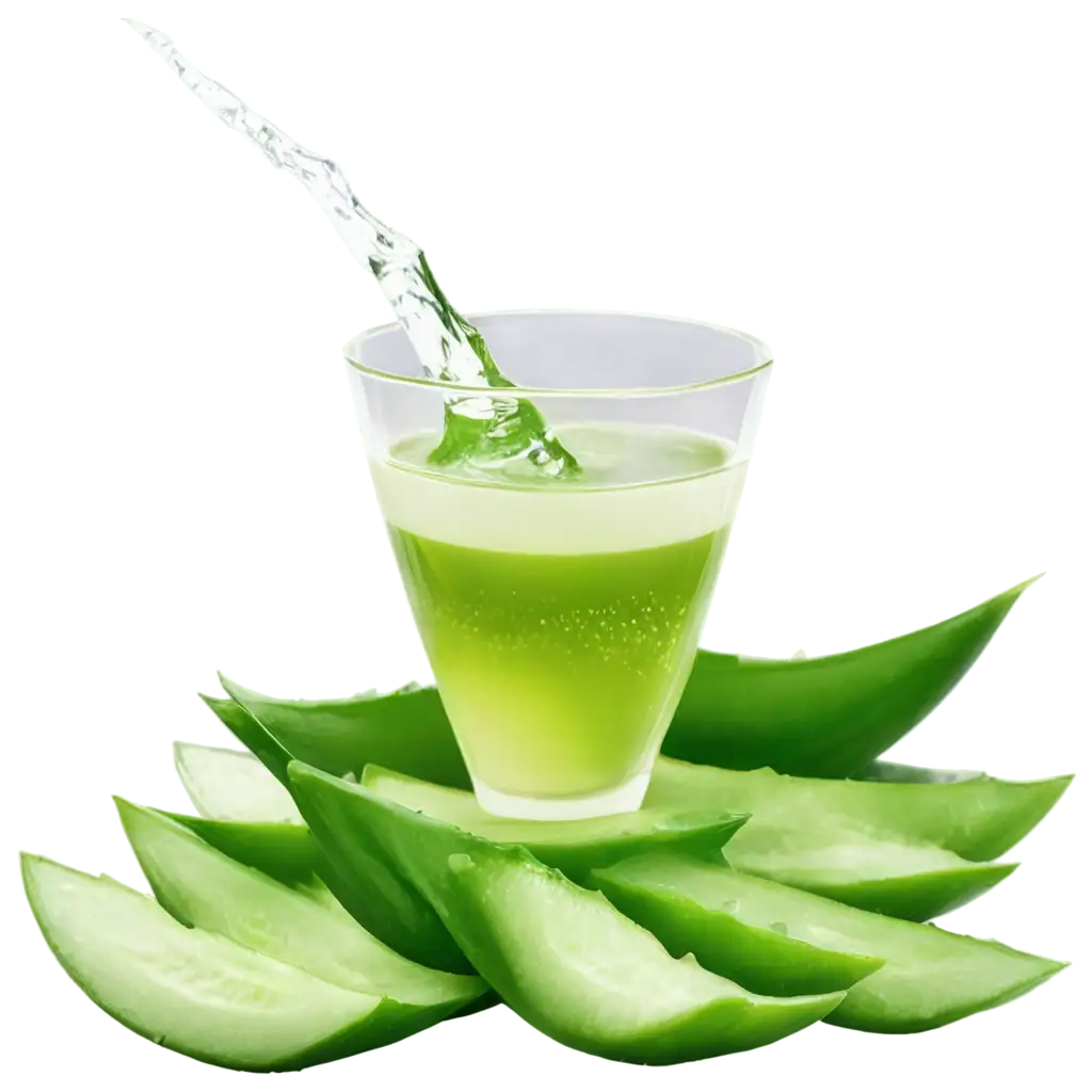 aloe vera juice with swoosh and juice around it, white background