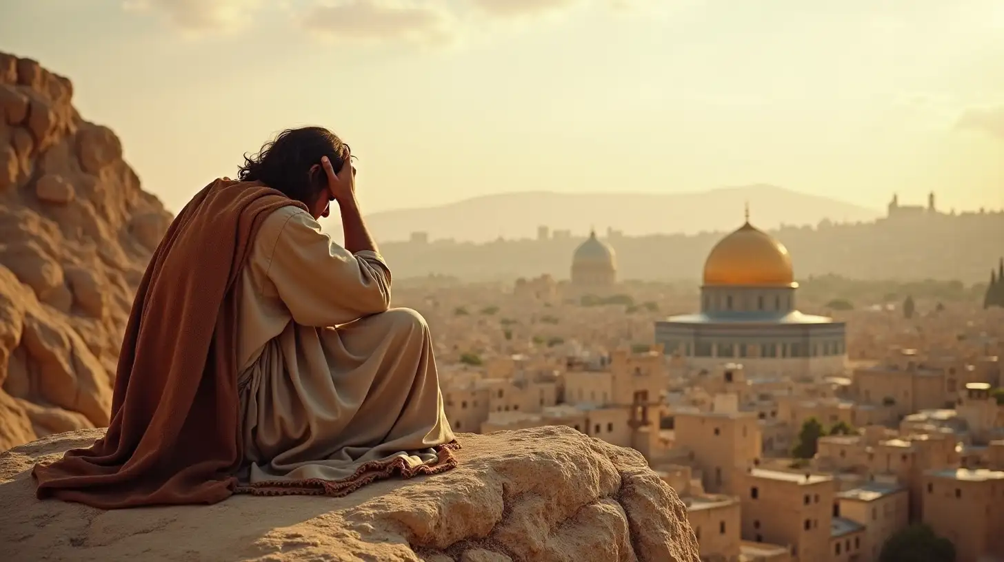 Biblical Prophet Jeremiah Sitting on Mountain Rock