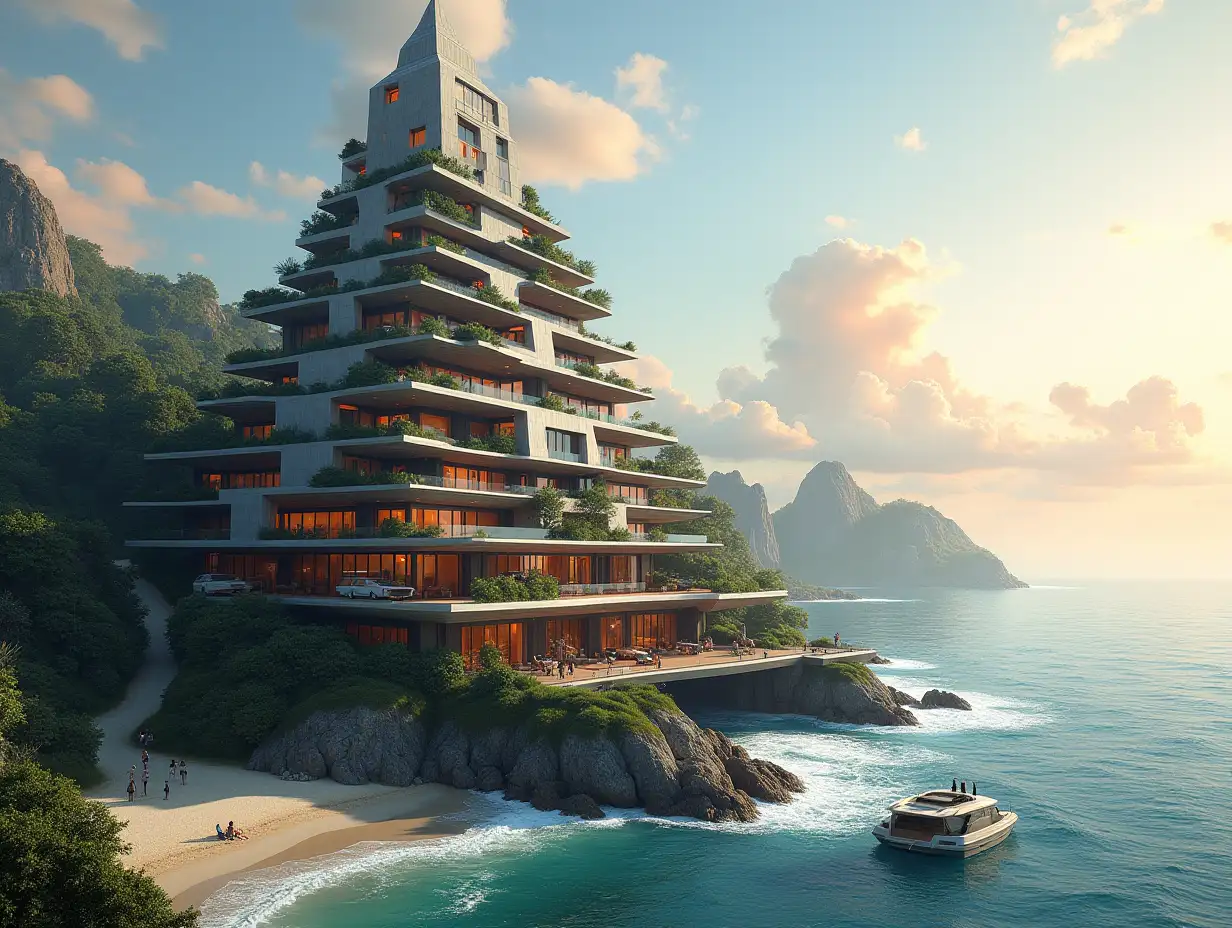 Create a high-resolution, realistic panorama image of a futuristic terrace building with window pyramid house with bridge, a yacht and a small beach with people, many plants and grey and brown facades with sea with waves, big trees, red clouds