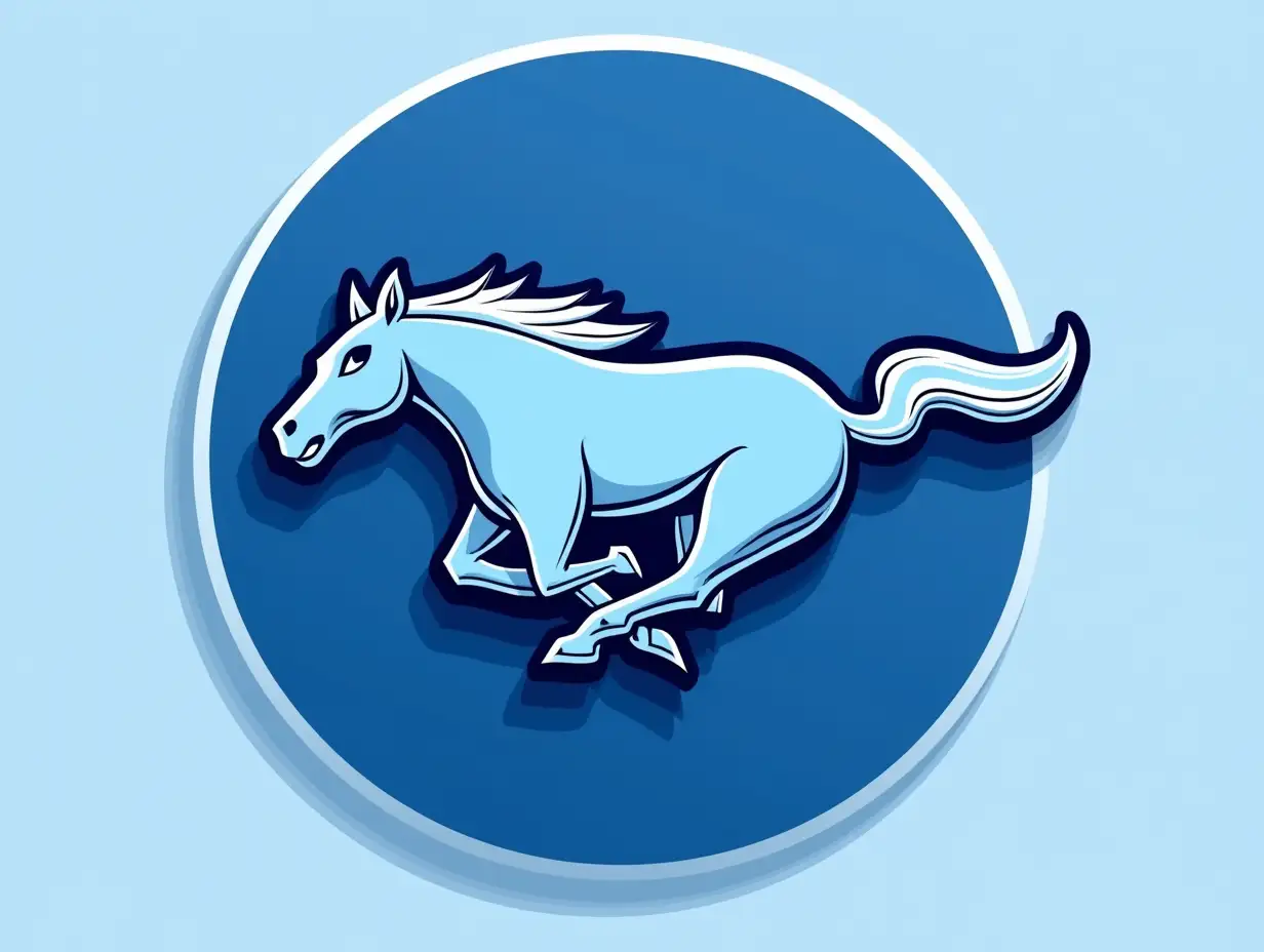 Create a cartoon mustang logo, colors light blue dark blue and white