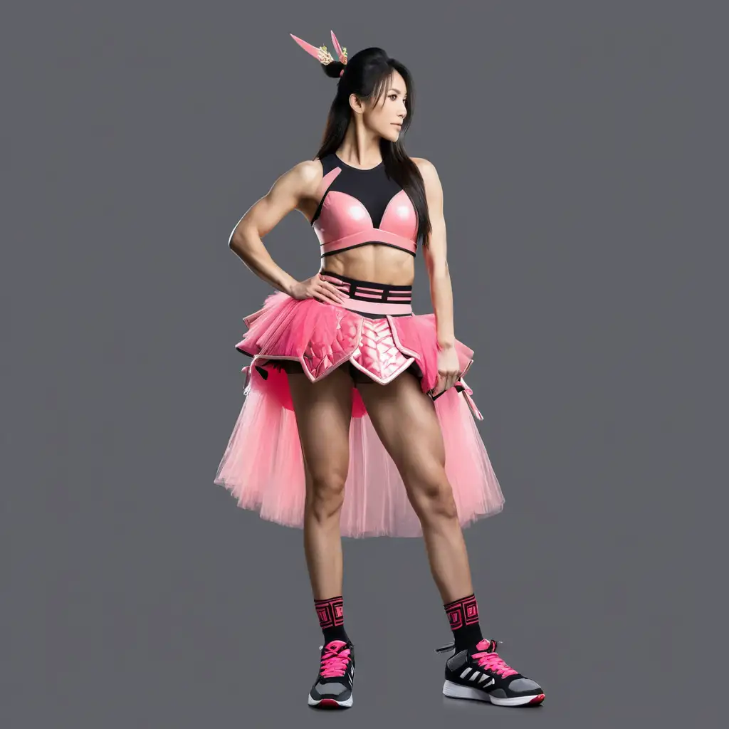 Muscular Japanese Woman Bodybuilder in Samurai Armor and Ballet Tutu