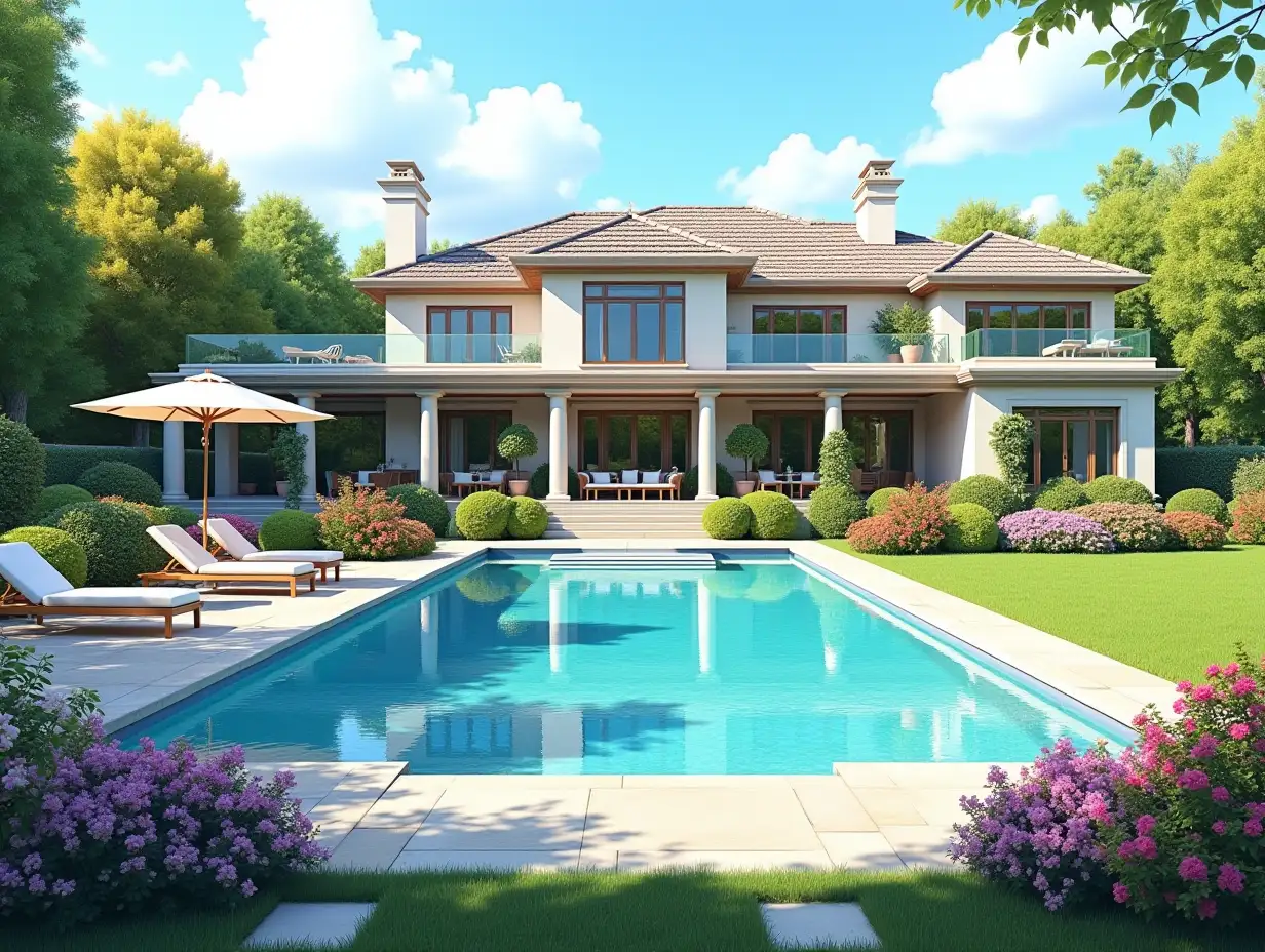 Create for me a house with a large garden and pool with a large house, colorful bushes