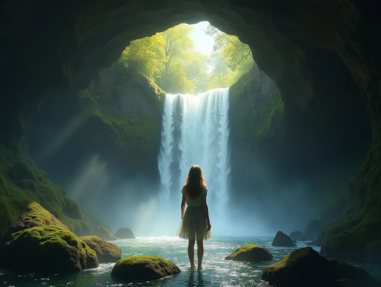 a girl around a waterfall, nature, an arch in the center, like a portal, she still just around it, no going into