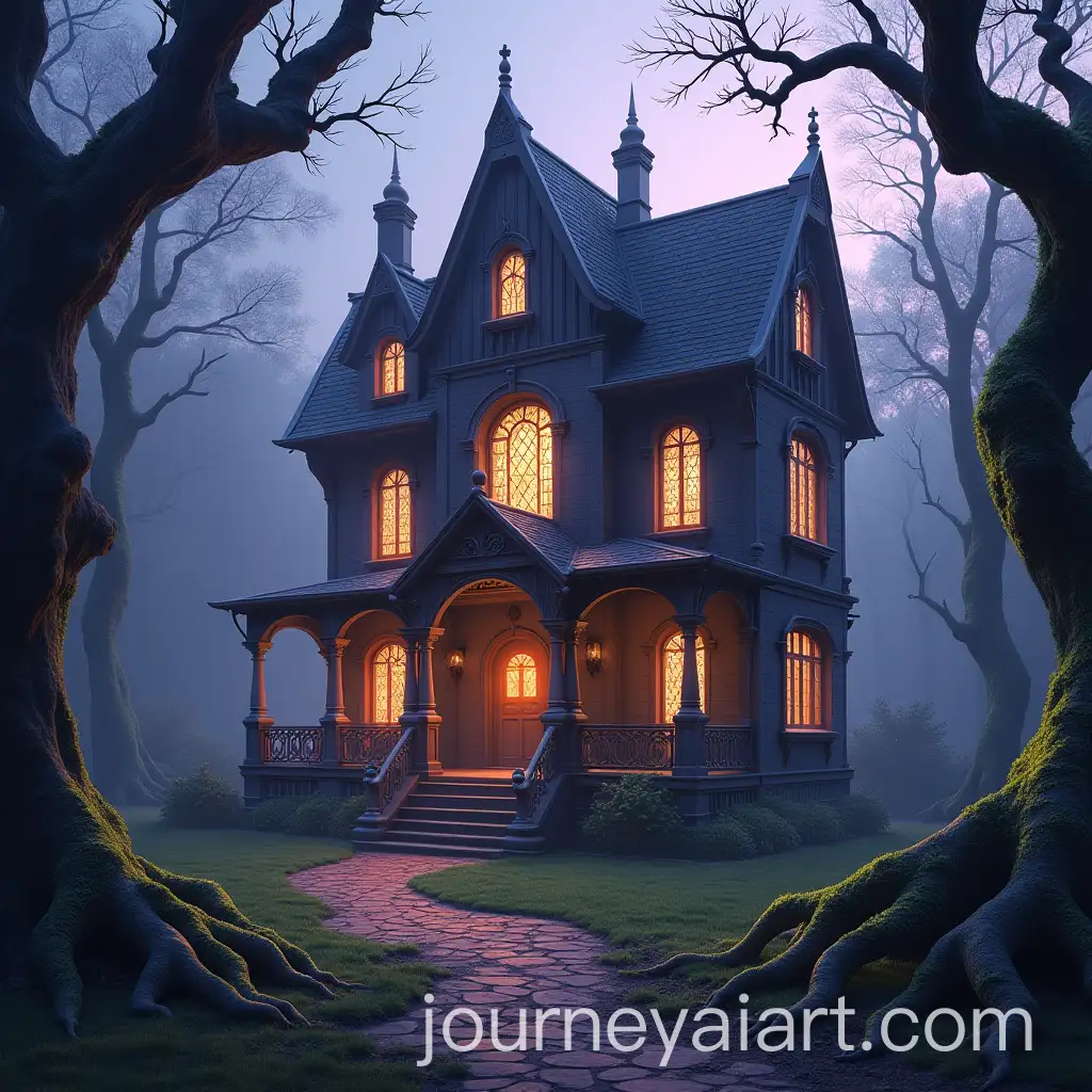 Mystical-Victorian-House-in-Enchanted-Forest-with-Glowing-Moss-and-Twisted-Roots