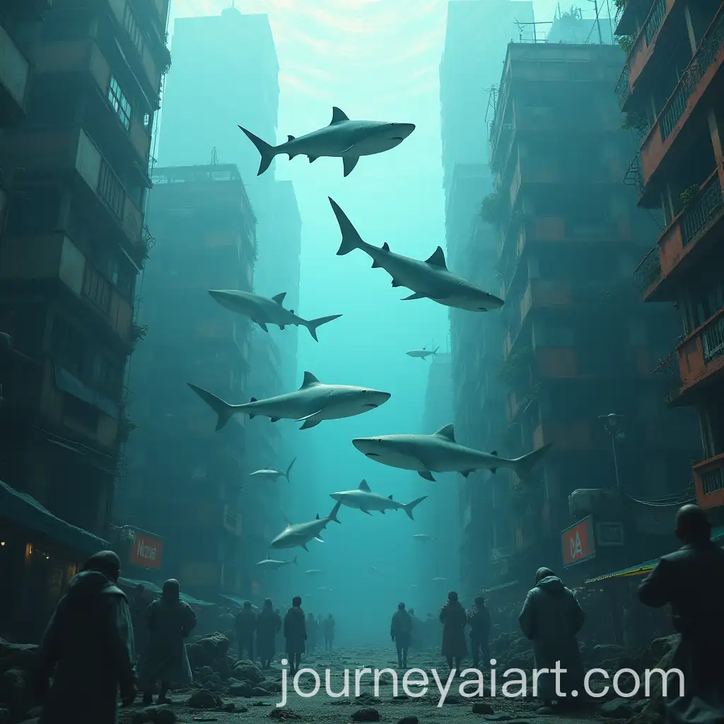 Sharks-and-Fish-Swimming-Through-the-Air-in-a-Crowded-Urban-Center