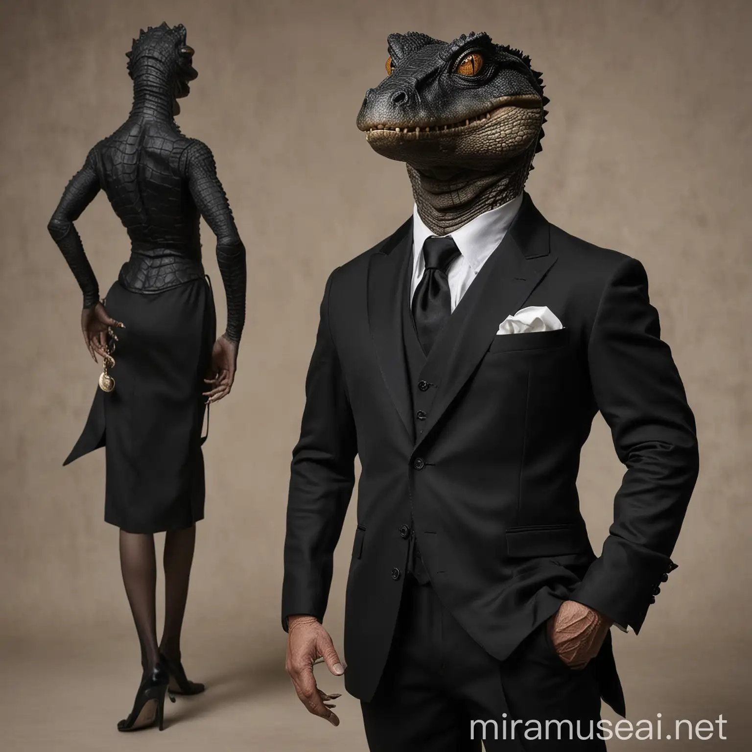 Elegant Humanoid Crocodile in Black Suit