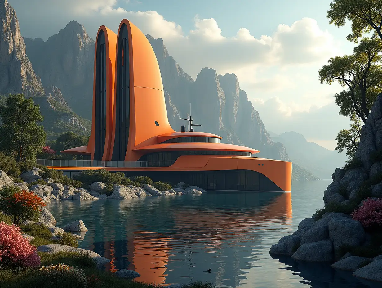 Create a high-resolution realistic image in 4k resolution a futuristic Orange with black Building with curved pillars, mountains large trees, rocks flowers a futuristic very large Yacht with glass window cloudy sky