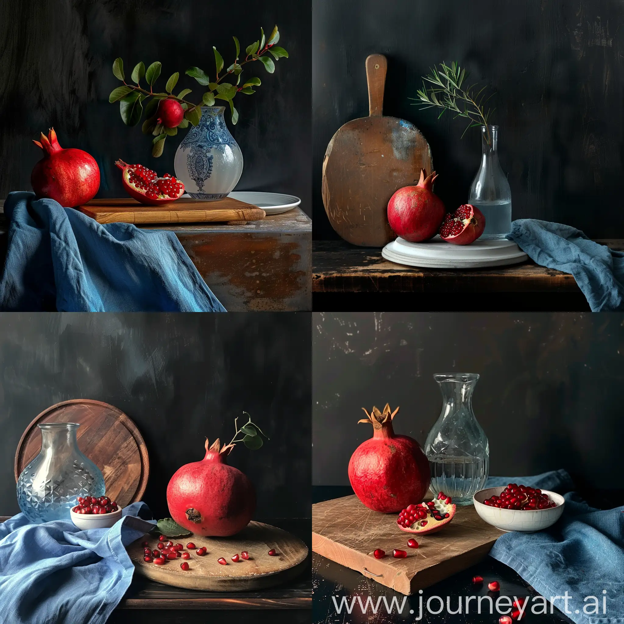 Still-Life-with-Red-Pomegranate-and-Glass-Vase-on-Wooden-Cutting-Board