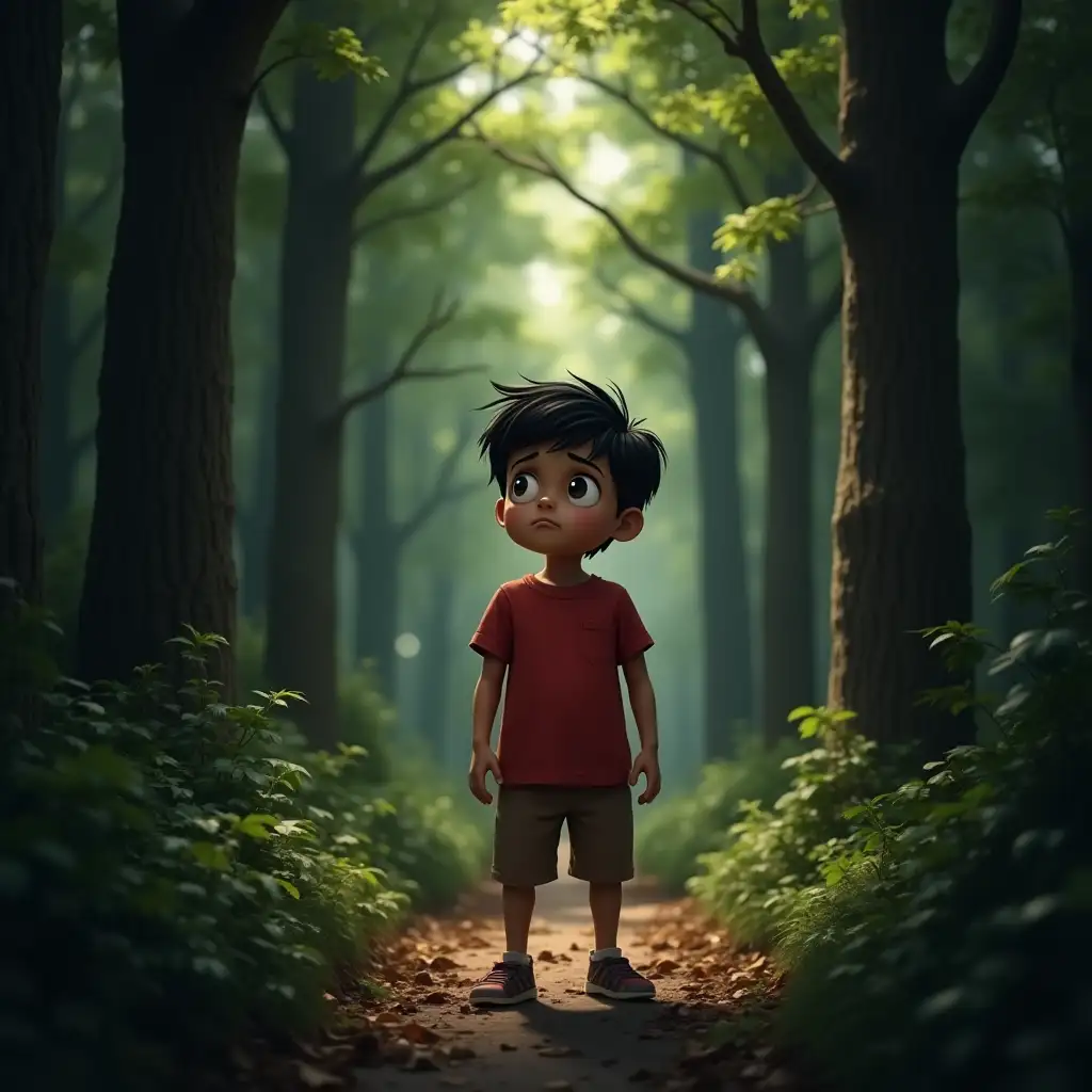 A realistic young boy named Monu his weight is heavy, wearing a red t-shirt and brown pants, stands alone in a dense forest, looking confused and lost. Tall trees with thick foliage surround him, and the narrow path behind him disappears into the darkness. His eyes are wide with fear as he realizes he does not know the way back. The sunlight barely filters through the dense canopy, casting eerie shadows on the forest floor covered with fallen leaves and bushes.