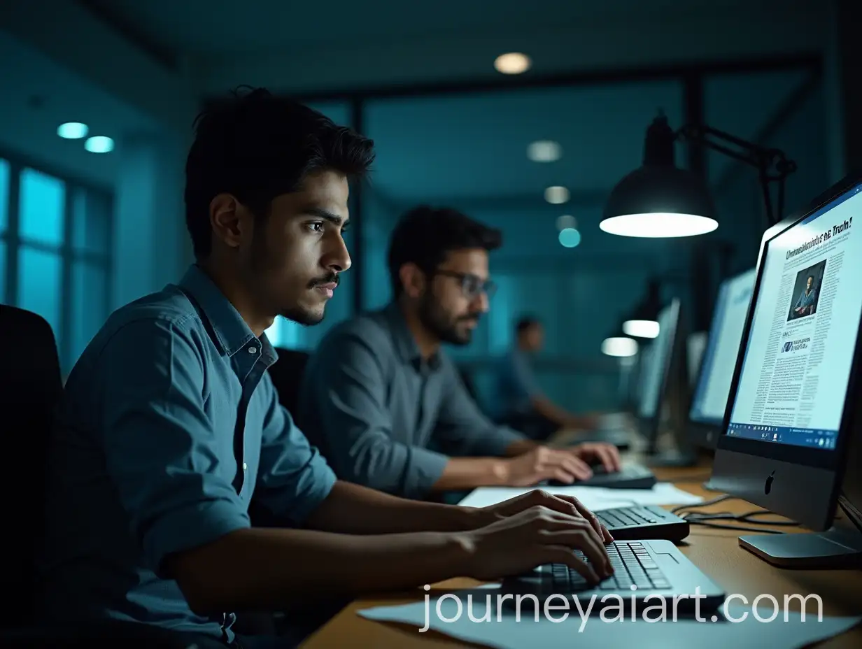 Bangladeshi-Journalist-Writing-Investigative-Article-in-Modern-Nighttime-Newsroom