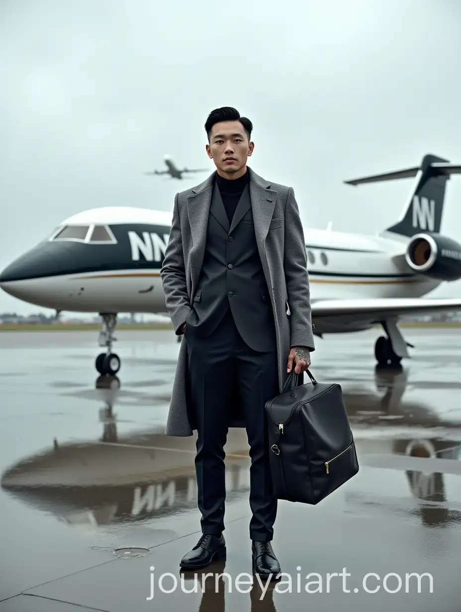 Confident-Korean-Man-in-Stylish-Attire-Beside-Private-Jet