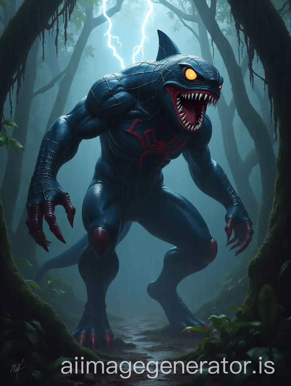 Terrifying-Hybrid-of-SpiderMan-and-Shark-in-a-Stormy-Jungle