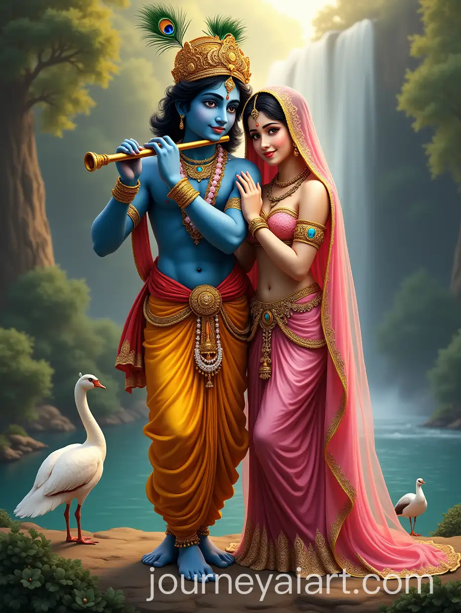 Radha-and-Krishna-in-Divine-Harmony-with-Lush-Waterfall-and-Serene-Lake
