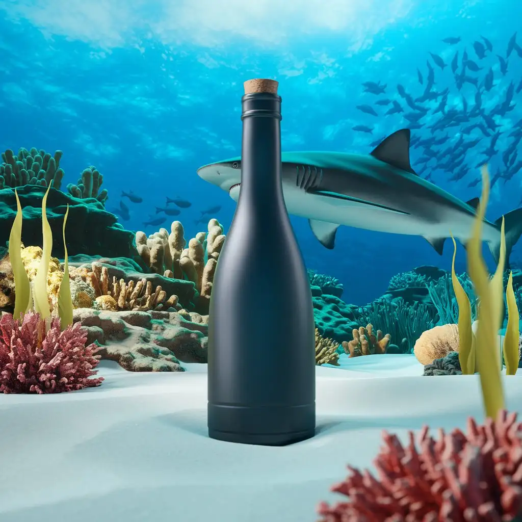 Bottle-in-Front-of-Bright-Sea-with-Shark-Fin-in-3D