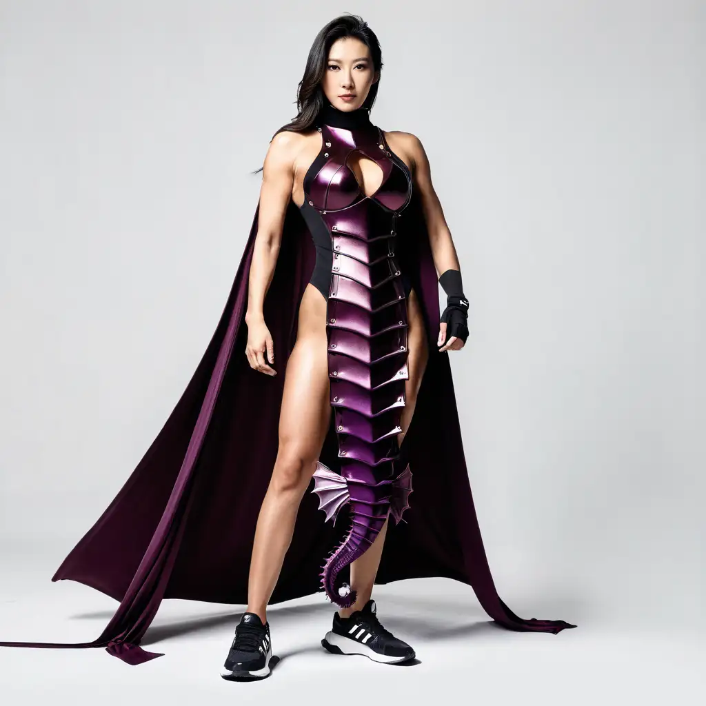 Beautiful Japanese Woman Bodybuilder in ReddishPurple SeahorseDress Armor