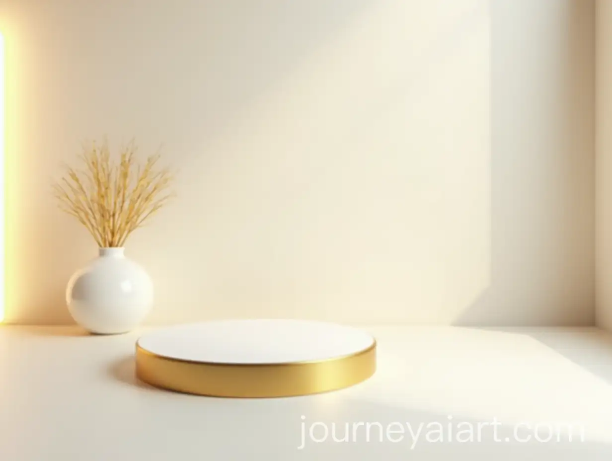Elegant-White-and-Gold-Podium-with-Palm-Tree-Vase-in-Soft-Sunlit-Room
