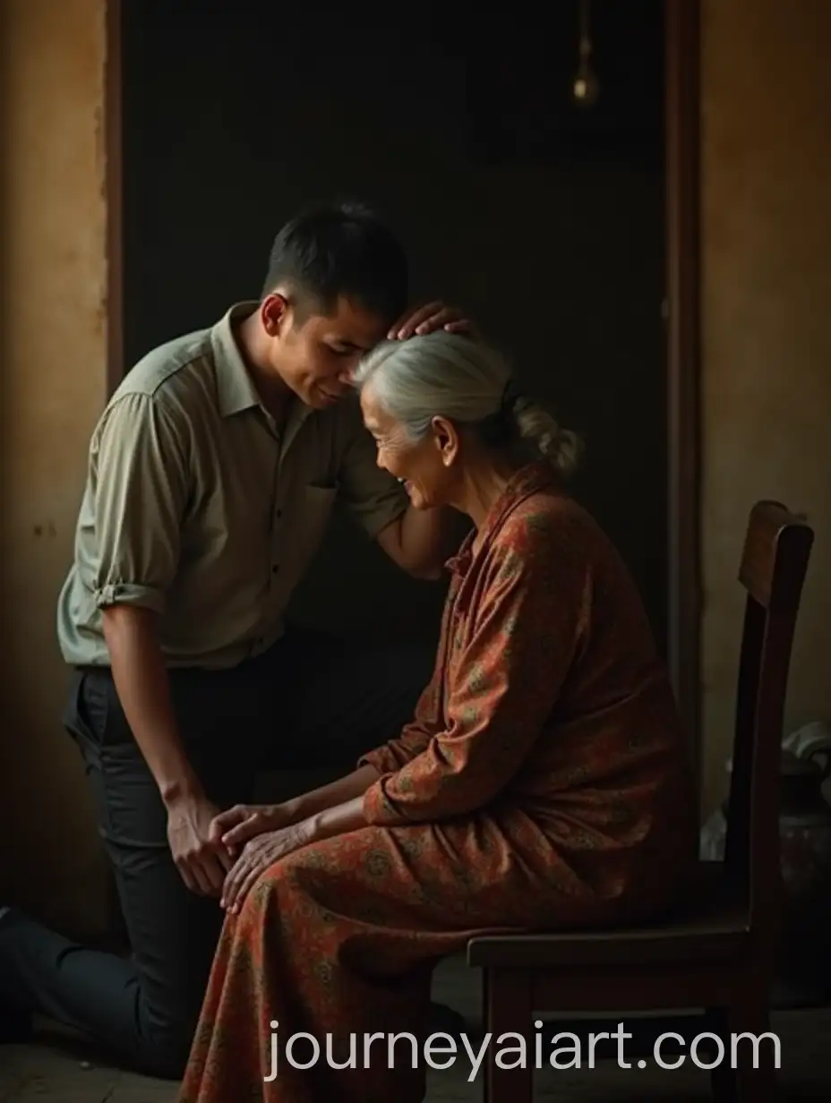 Emotional-Moment-of-a-Grown-Man-Crying-on-an-Elderly-Womans-Lap-in-a-Traditional-Indonesian-Home