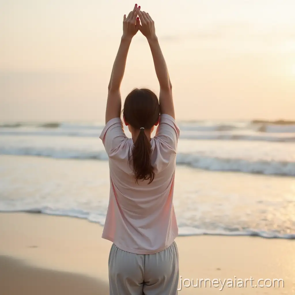 Young-Woman-Stretching-on-the-Beach-atYoung-woman-stretching-beach-Sunrise-in-Soft-Pastel-Clothing