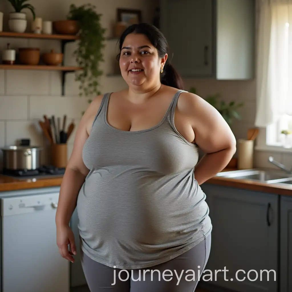 PlusSized-Indian-Mother-Standing-in-Kitchen-with-Natural-Lighting
