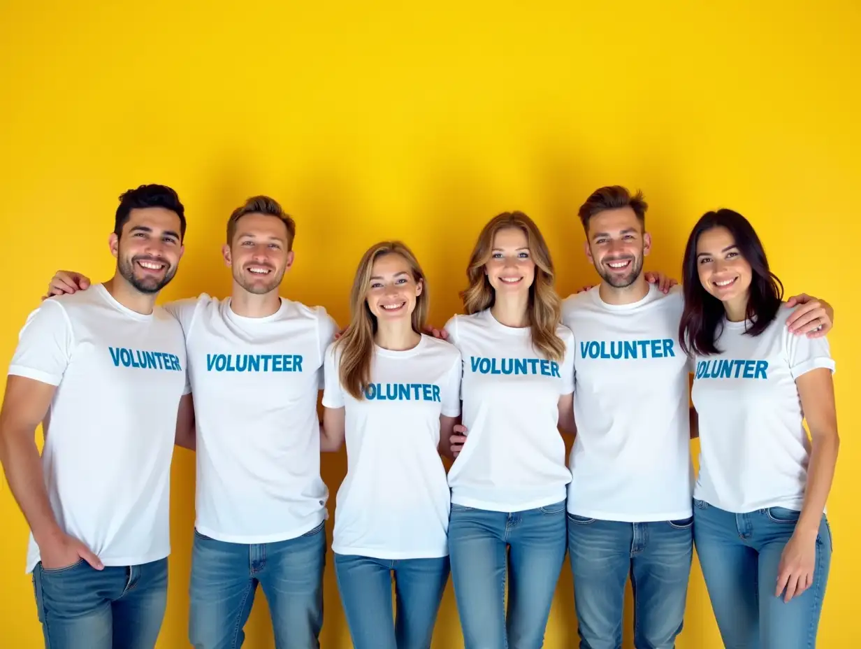 Six individuals, a balanced mix of three men and three women, one Asian girl, stand side by side in a harmonious composition. They are all adorned in crisp white T - shirts, upon which the word 'VOLUNTEER' is emblazoned in a vivid, attention - grabbing shade of blue. The font is bold yet clean, easy to read. Complementing their tops, they sport casual blue jeans with natural - looking creases and fabric textures. Each person has a genuine, wide smile, with well - defined facial features, sparkling eyes, and teeth clearly visible, exuding warmth and friendliness. The light yellow background is soft and evenly lit, enhancing the overall cheerful vibe without any harsh shadows or distractions. It gives a sense of openness and positivity, contributing to the highly promotional aesthetic. The image is rendered in ultra - high resolution, with every detail, from the individual strands of hair to the stitching on the clothes, captured with precision. The colors are vibrant and true - to - life, creating a visually appealing and professional - looking result.