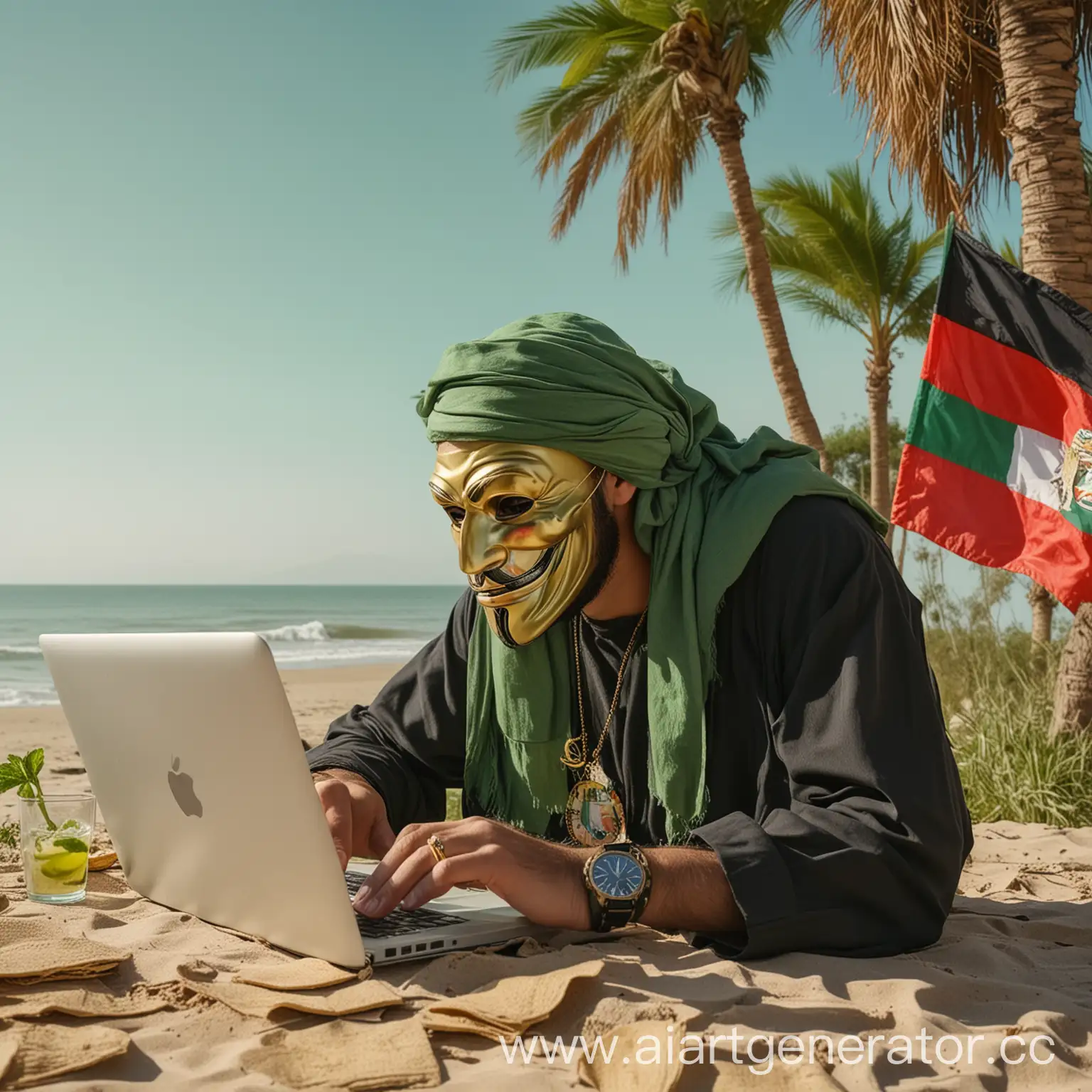 a man in an Anonymous mask sitting on a tropical beach on a green background, working on a laptop from aplle, he has a lot of dollars, he has a gold watch, drinks a mojito. against the background of the flag of Afghanistan