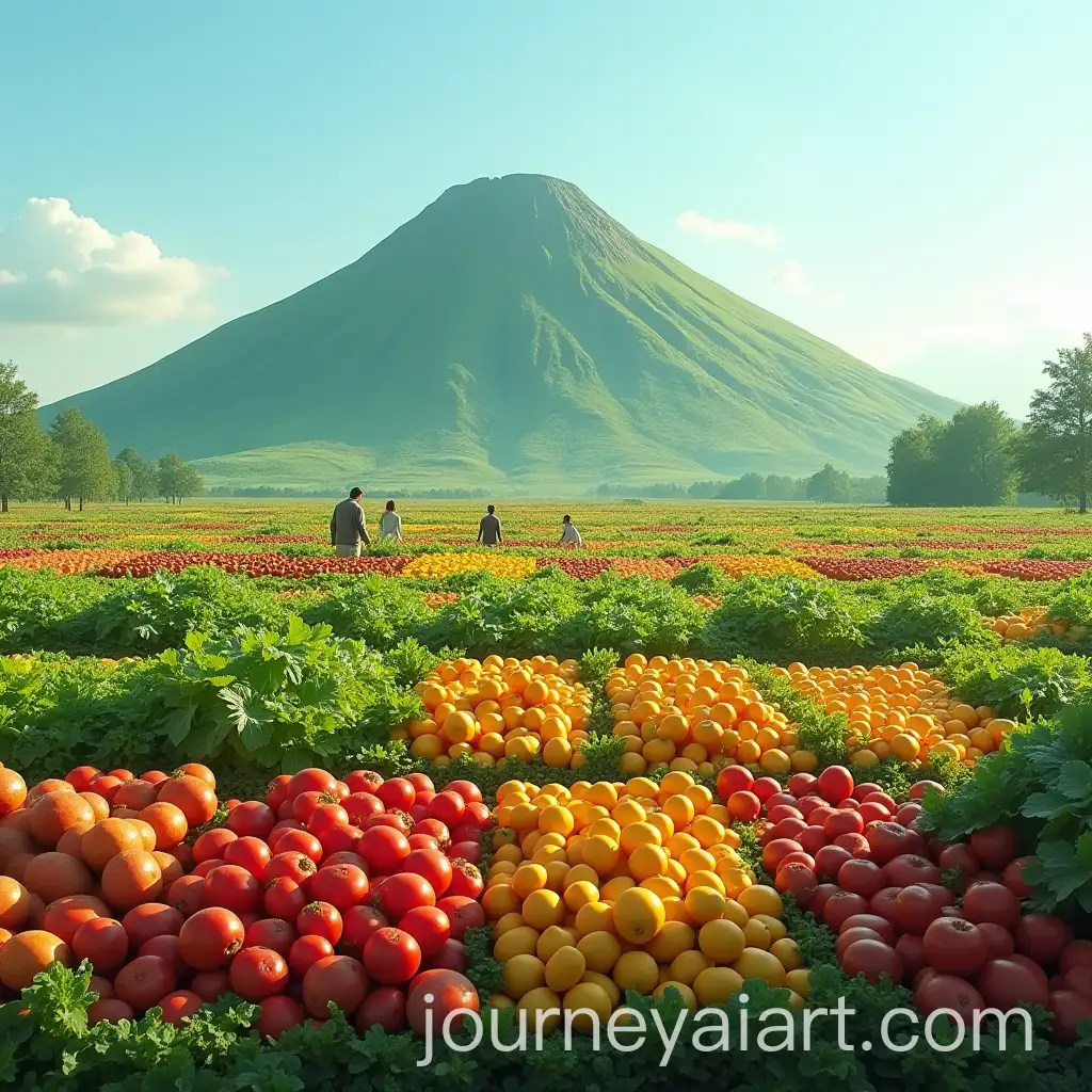 Lush-Field-of-Fruits-and-Vegetables-with-People-and-Green-Mountain-in-the-Background