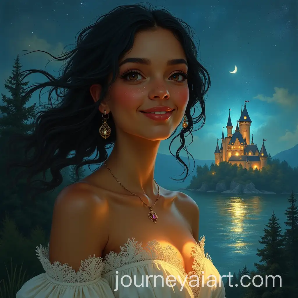 Magical-Nighttime-Castle-Landscape-with-Mythical-Creature-and-Glowing-Scales