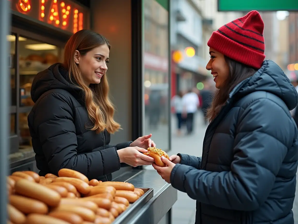 A young woman selling hot dogs on the street, and an alien buying them