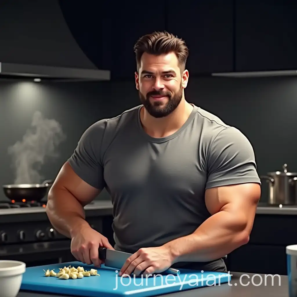 Muscular-Chef-Chopping-Garlic-in-a-Modern-Kitchen